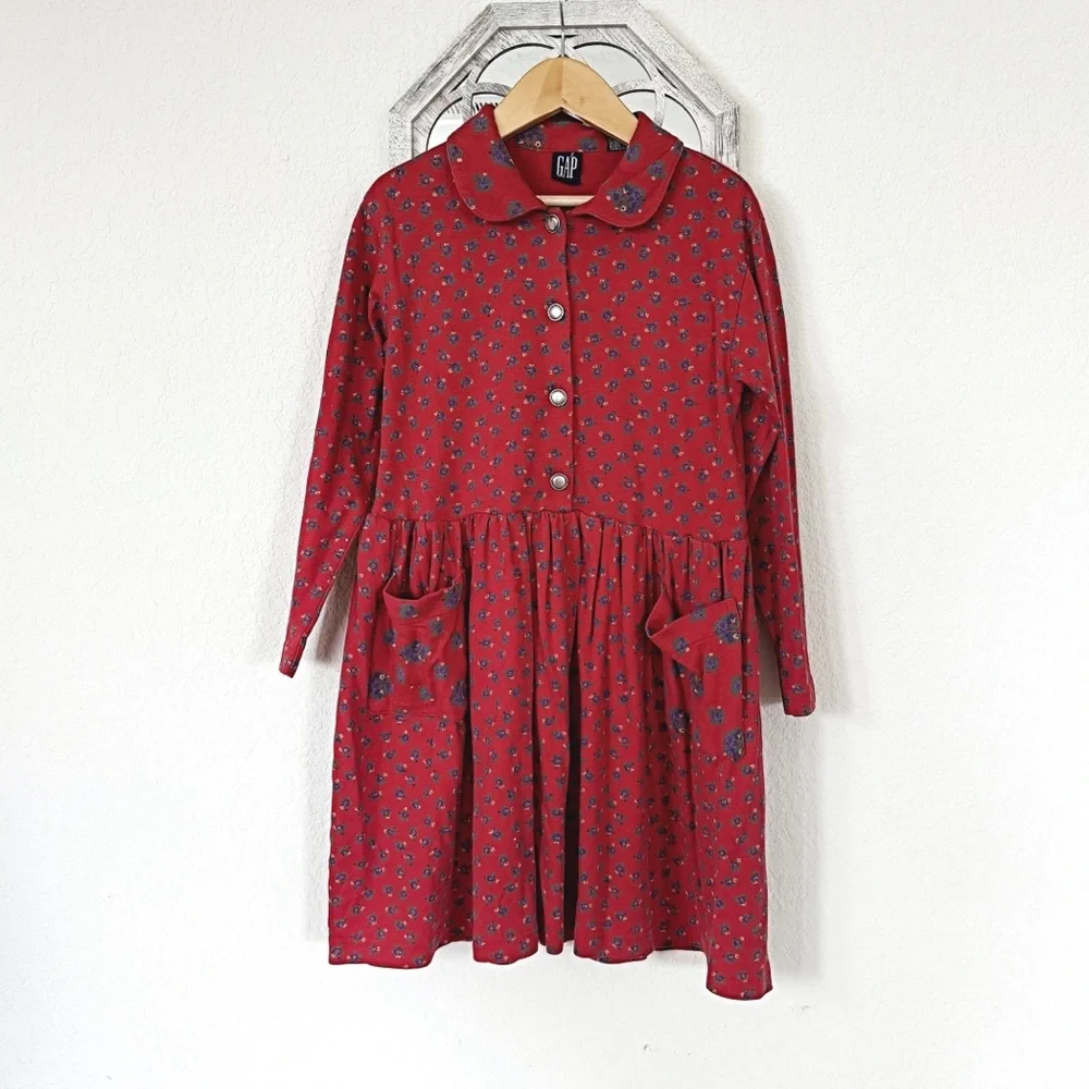 GAP • Vintage Cottagecore Red Floral Button Up Cotton Dress with Patch Pockets